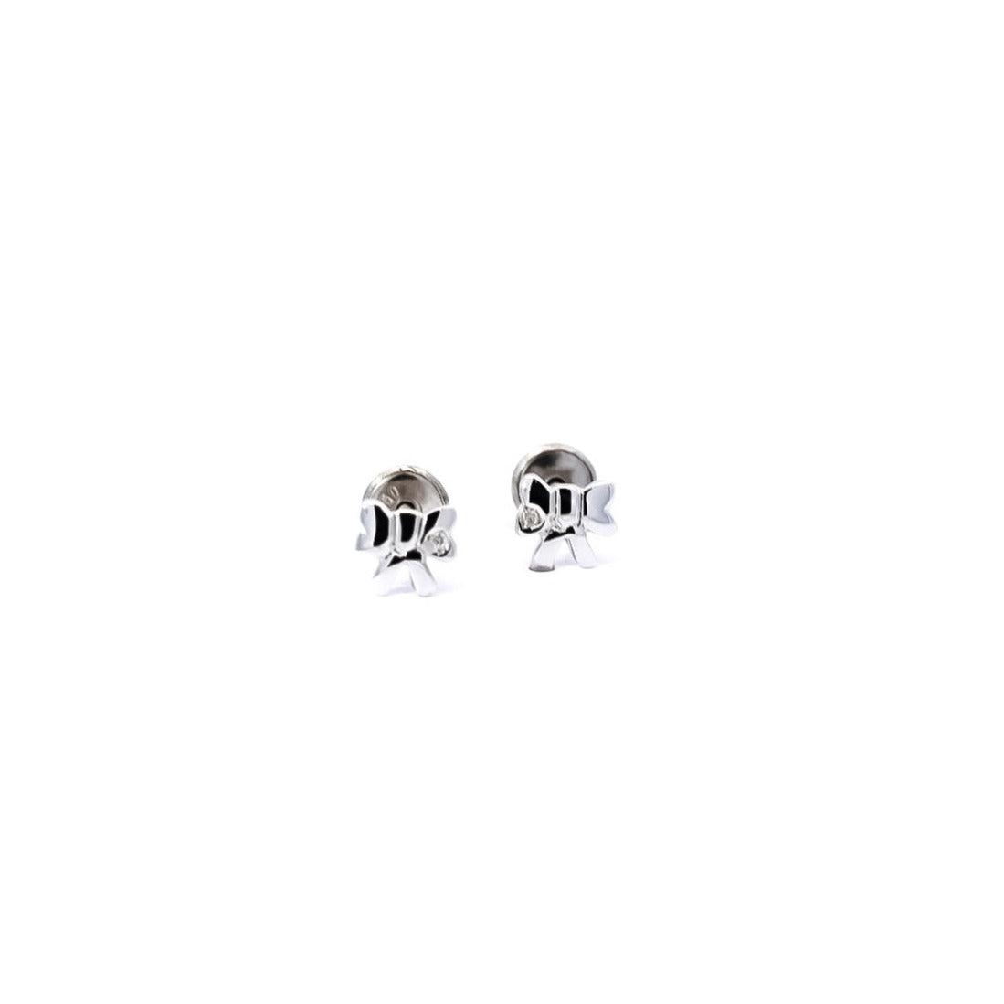 Aretes para bebe en oro blanco 18kt y  diamantes con diseño de lazos