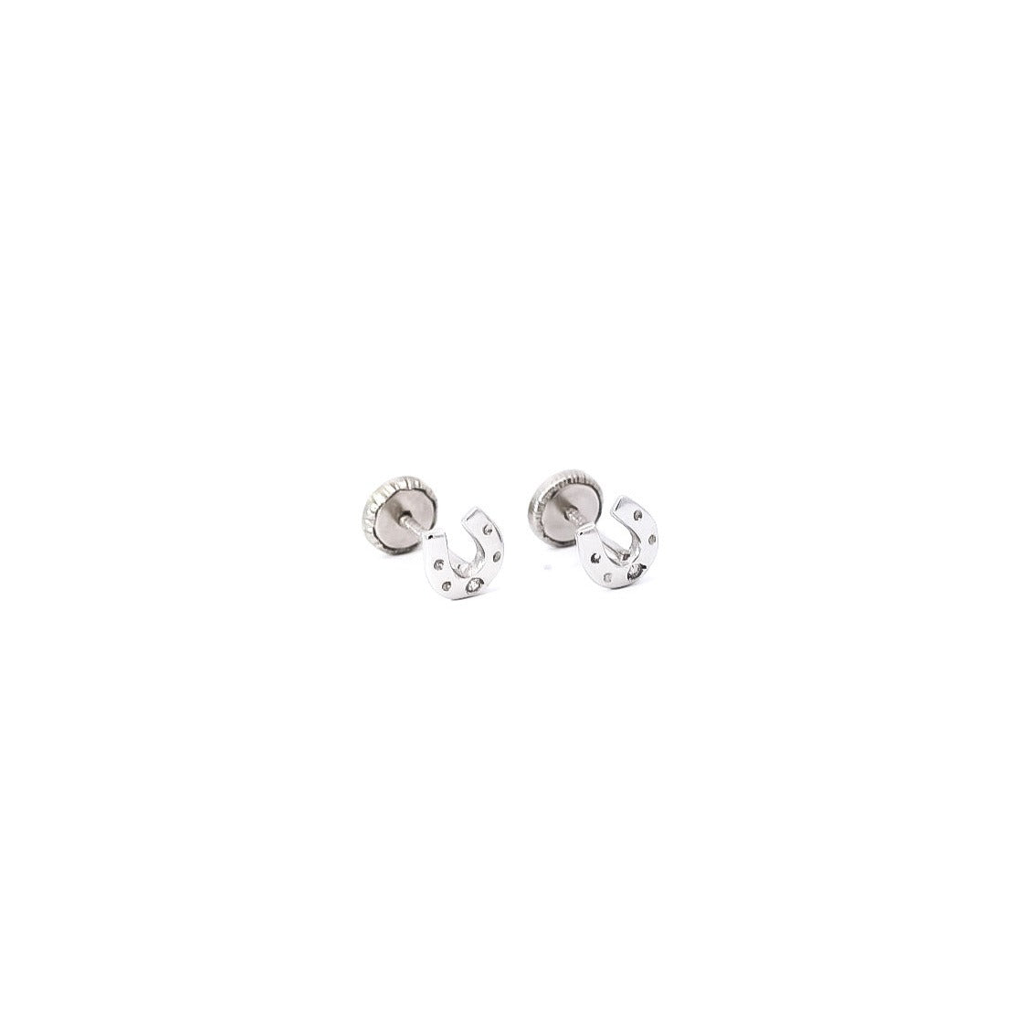 Aretes para bebe en oro blanco 18kt  y diamantes con diseño de herradura