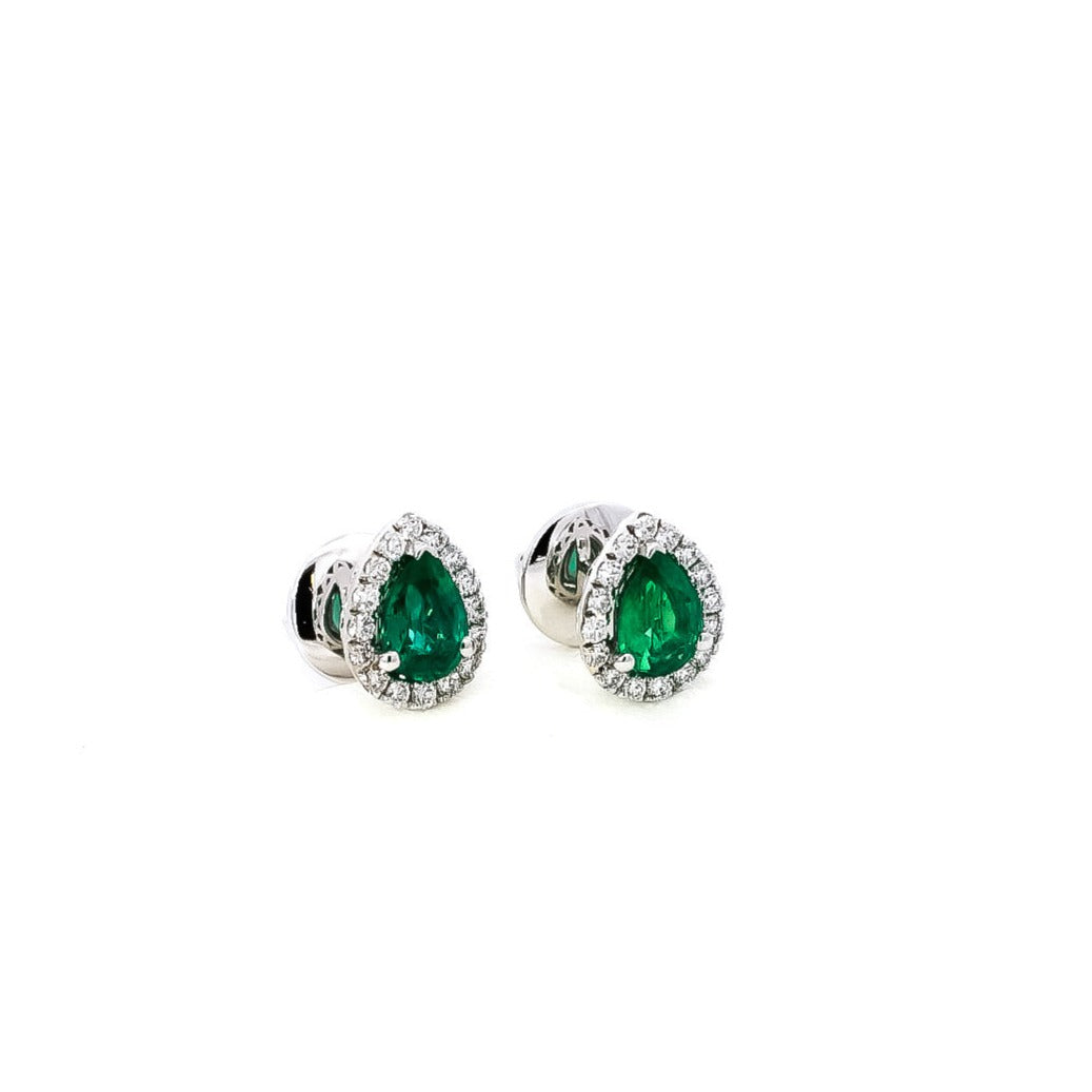 Aretes en oro blanco 18kt diseño de gotas con diamantes y esmeraldas