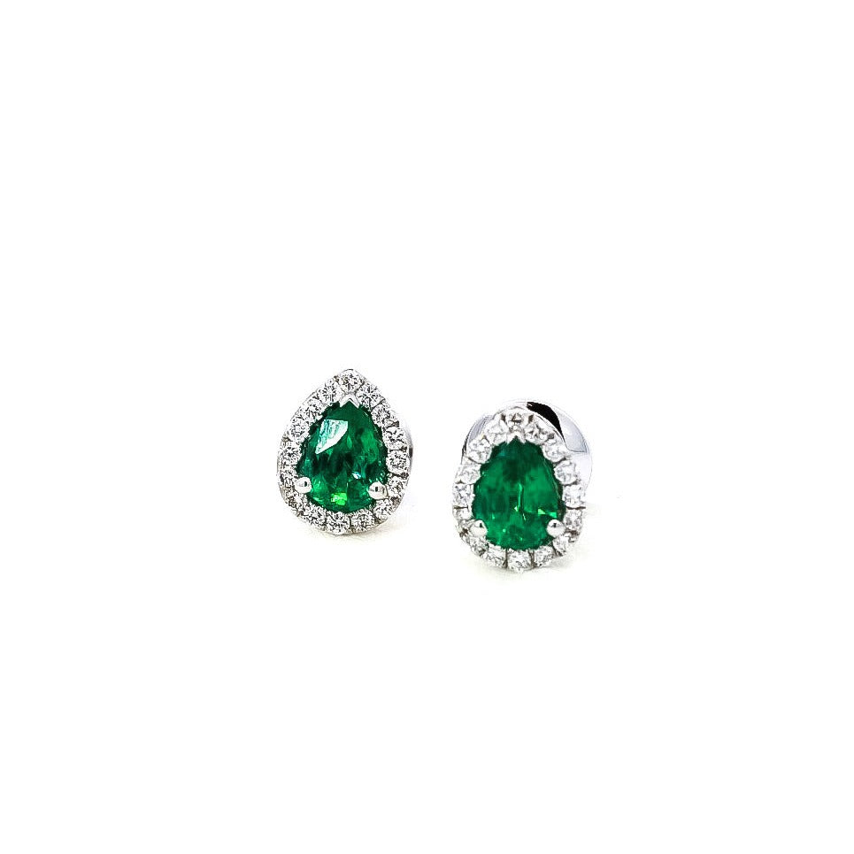Aretes en oro blanco 18kt diseño de gotas con diamantes y esmeraldas