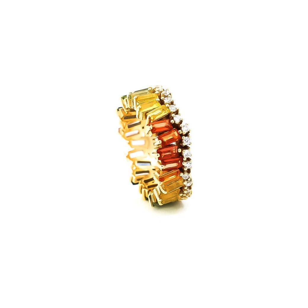 Anillo oro amarillo con diamantes y zafiros en corte baguette