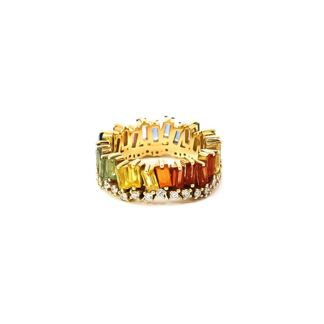 Anillo oro amarillo con diamantes y zafiros en corte baguette