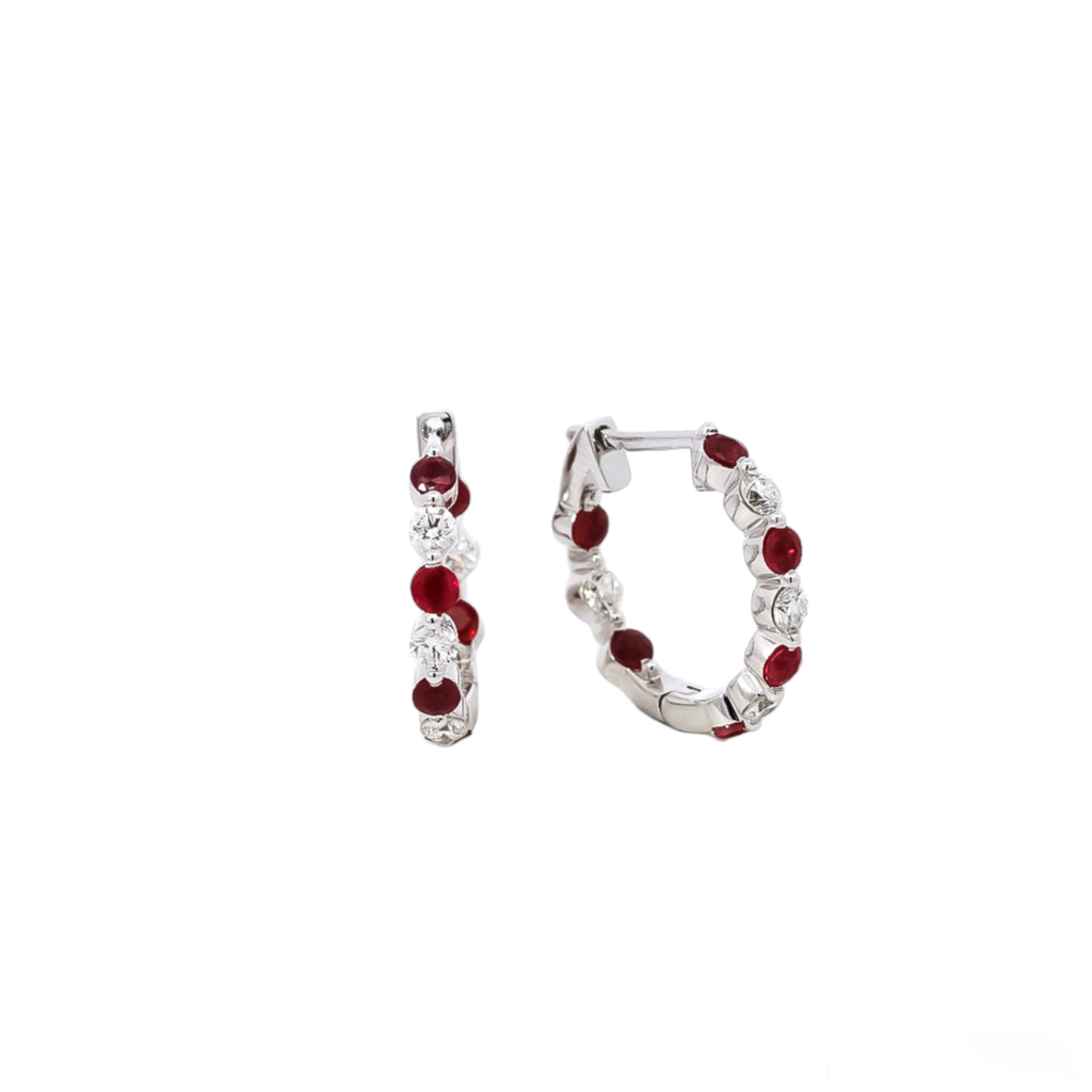 Aretes oro blanco 18kt tipo argolla con diamantes y rubís