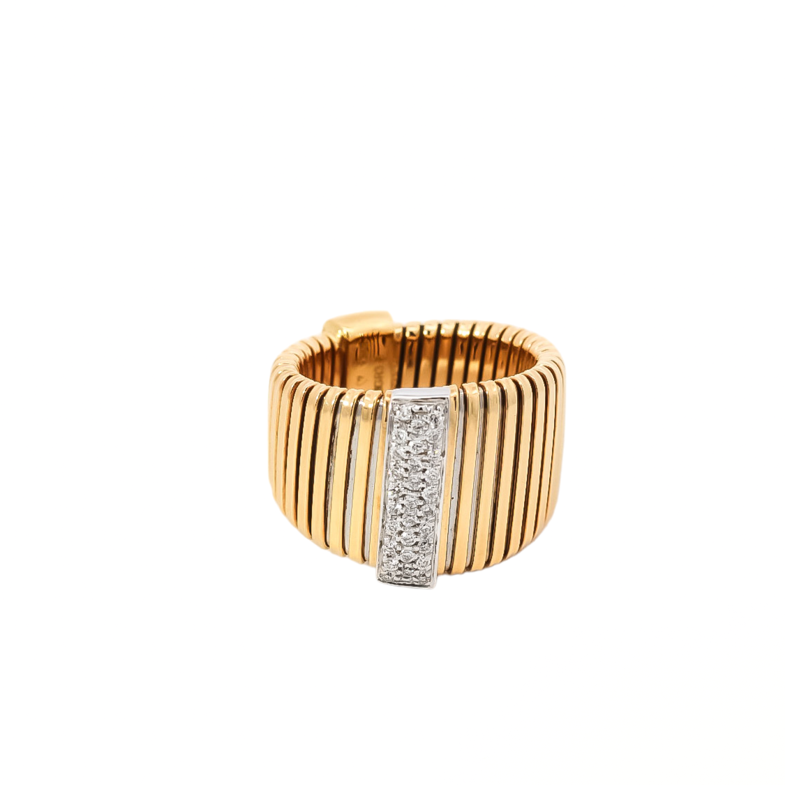 Anillo ancho de tubo gas en oro amarillo  con barra de diamantes