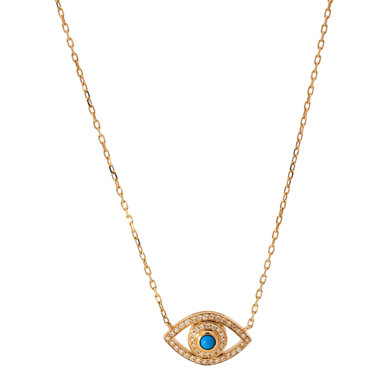 Collar en oro amarillo 18kt con dije de ojito turco y punto de turquesa  diamantes