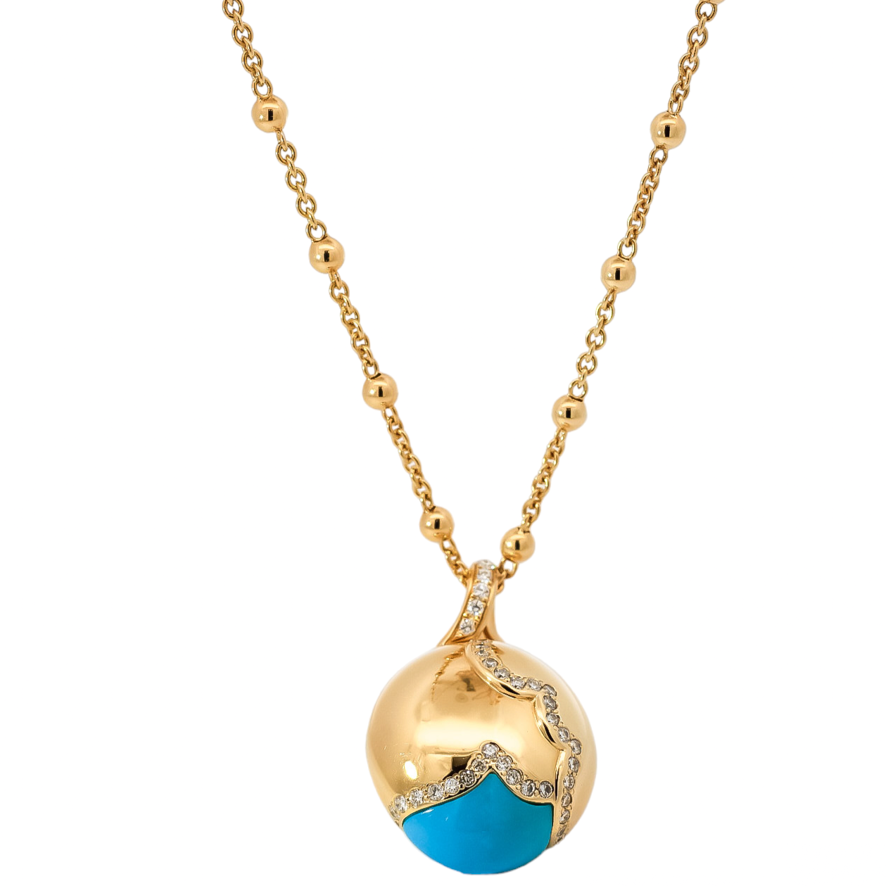 Collar oro amarillo con dije redondo en turquesa con diamantes