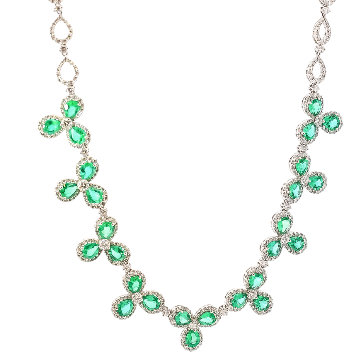 Gargantilla oro blanco con diseño de flores en diamantes y esmeraldas