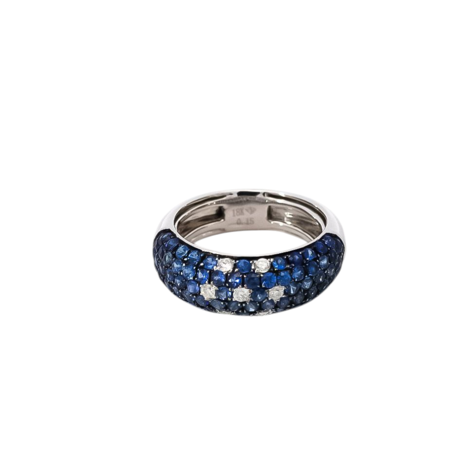 Anillo ancho en oro blanco  con diamantes y zafiros