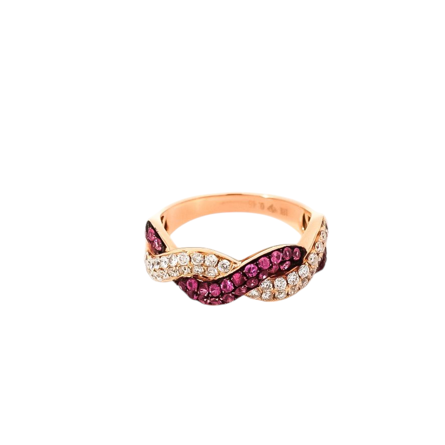 Anillo ancho de dos líneas  en oro amarillo  con diamantes y rubís