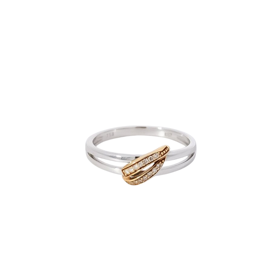 Anillo oro blanco y amarillo diseño de líneas entrelazadas con diamantes