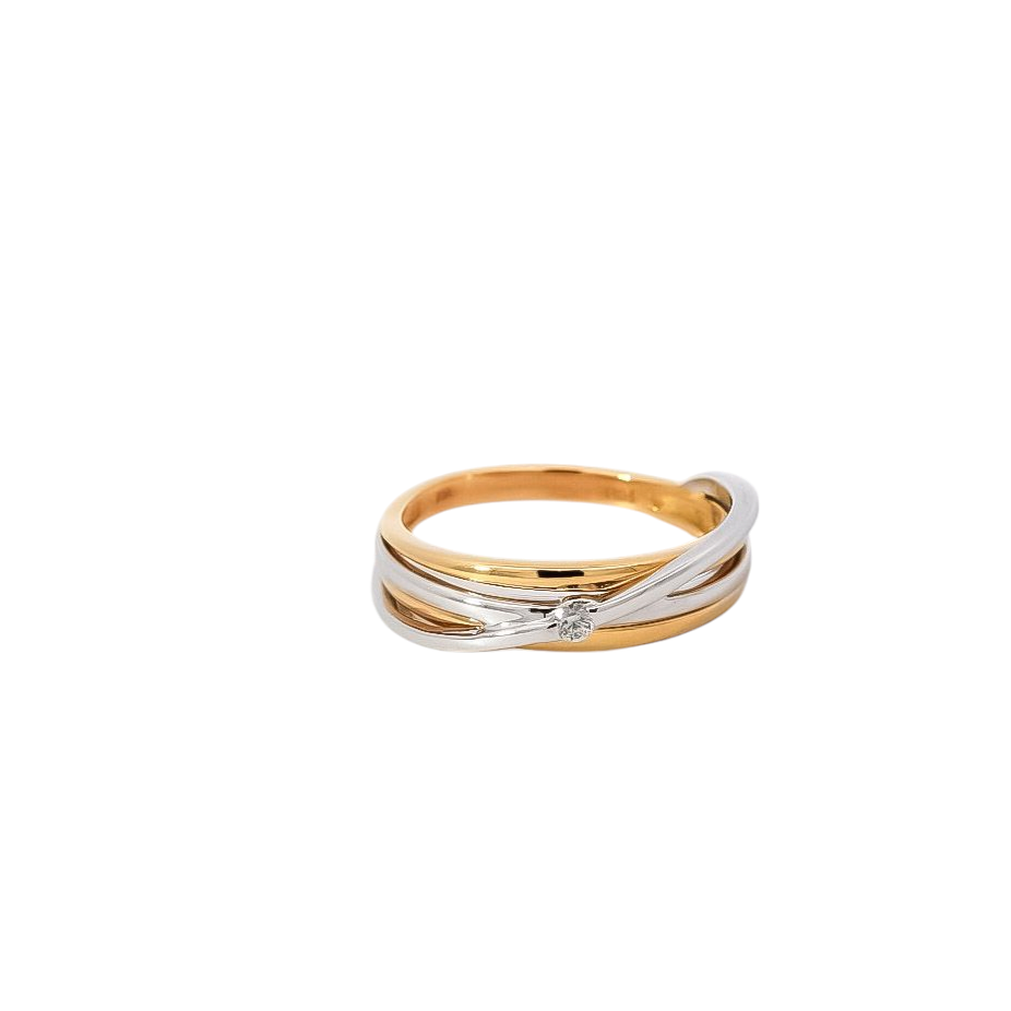 Anillo bicolor  cuatro líneas entrelazadas con diamantes central