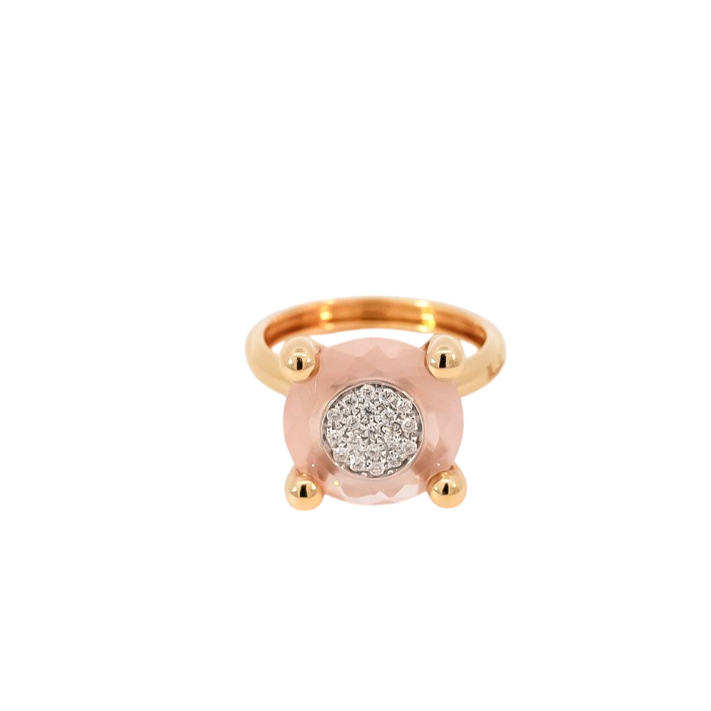Anillo oro amarillo  con diamantes y cuarzo  rosa