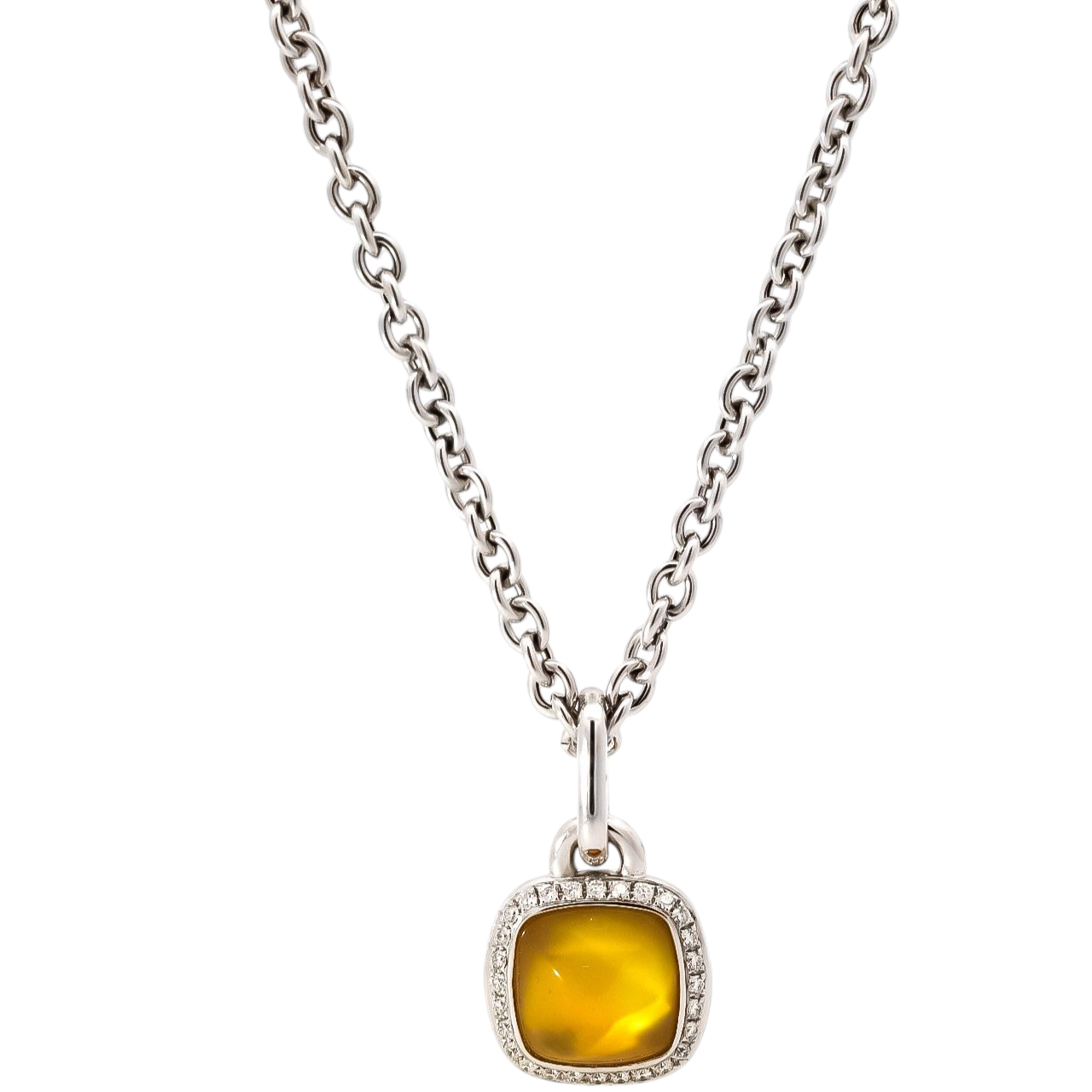 Collar oro blanco 18kt con dije cuadrado con halo de diamantes y piedra central quarzo citrino
