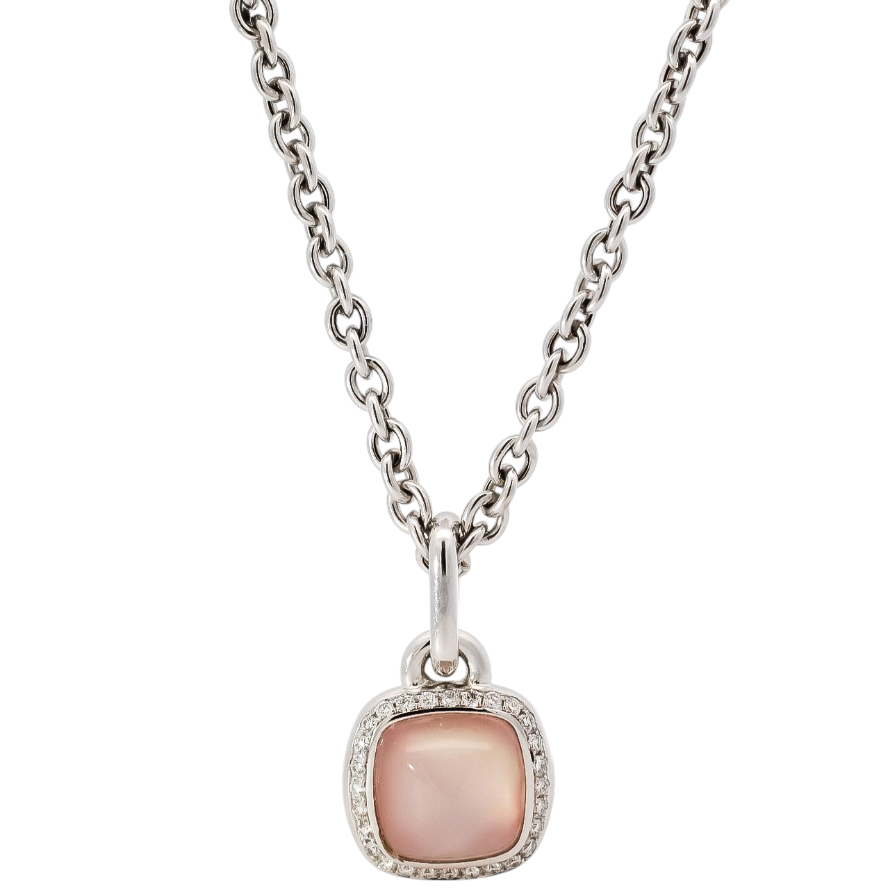 Collar oro blanco 18kt con dije cuadrado con halo de diamantes y Quarzo rosa