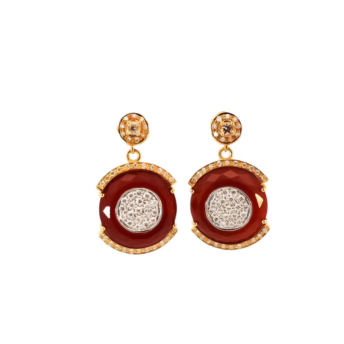 Aretes oro amarillo 18kt  con diamantes y cornalinas