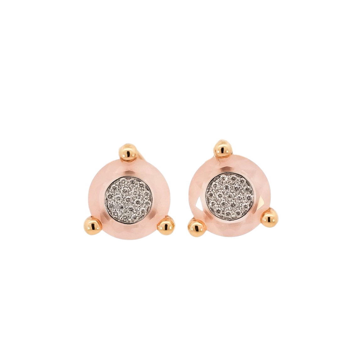 Aretes oro amarillo 18kt con diamantes y quarzo rosa