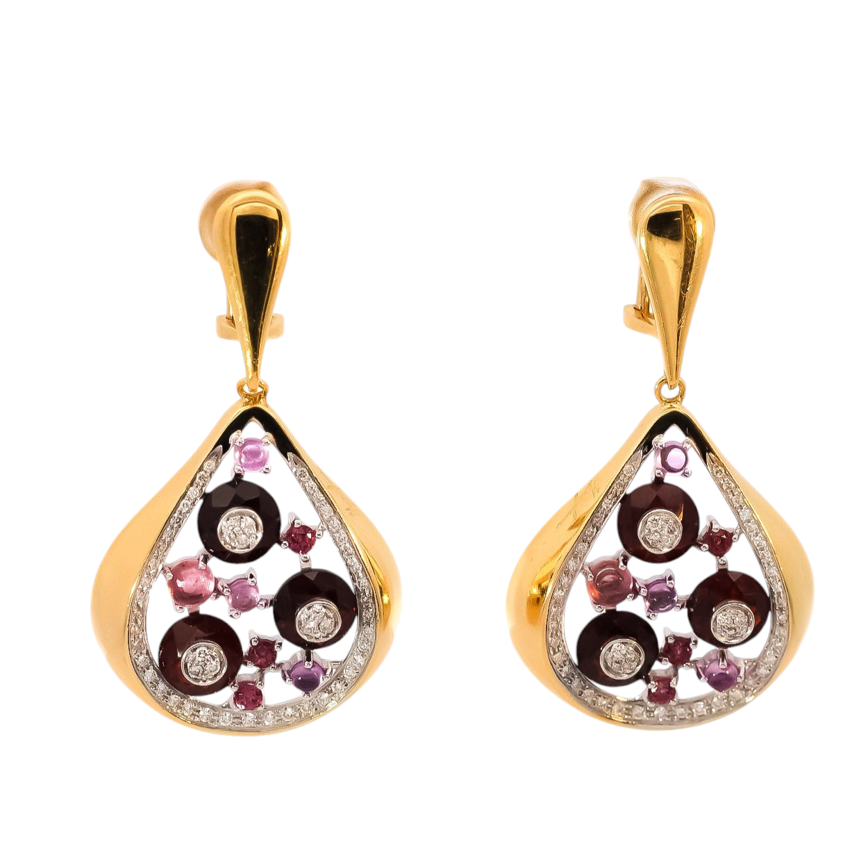 Aretes oro amarillo 18kt diseño en gotas con diamantes y amatistas