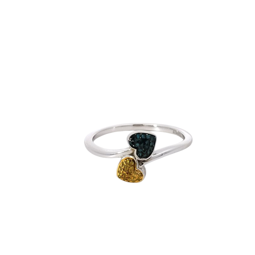 Anillo oro blanco diseño de dos corazones en diamantes y zafiro