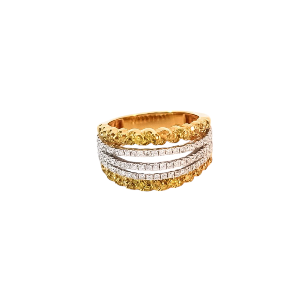 Anillo ancho oro amarillo cinco líneas en diamantes amarillo y blancos