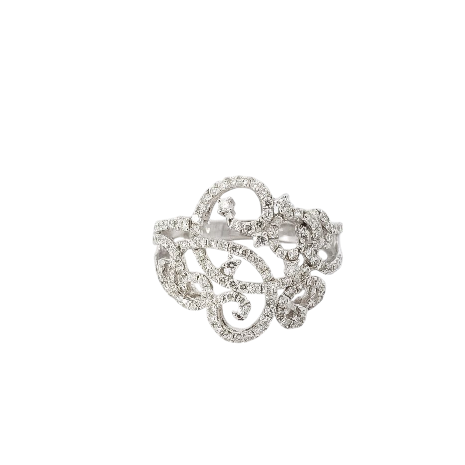 Anillo ancho oro blanco  con líneas de diamantes  entrelazadas