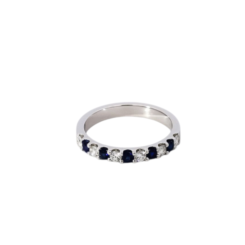 Anillo semi banda oro blanco con diamantes y zafiros