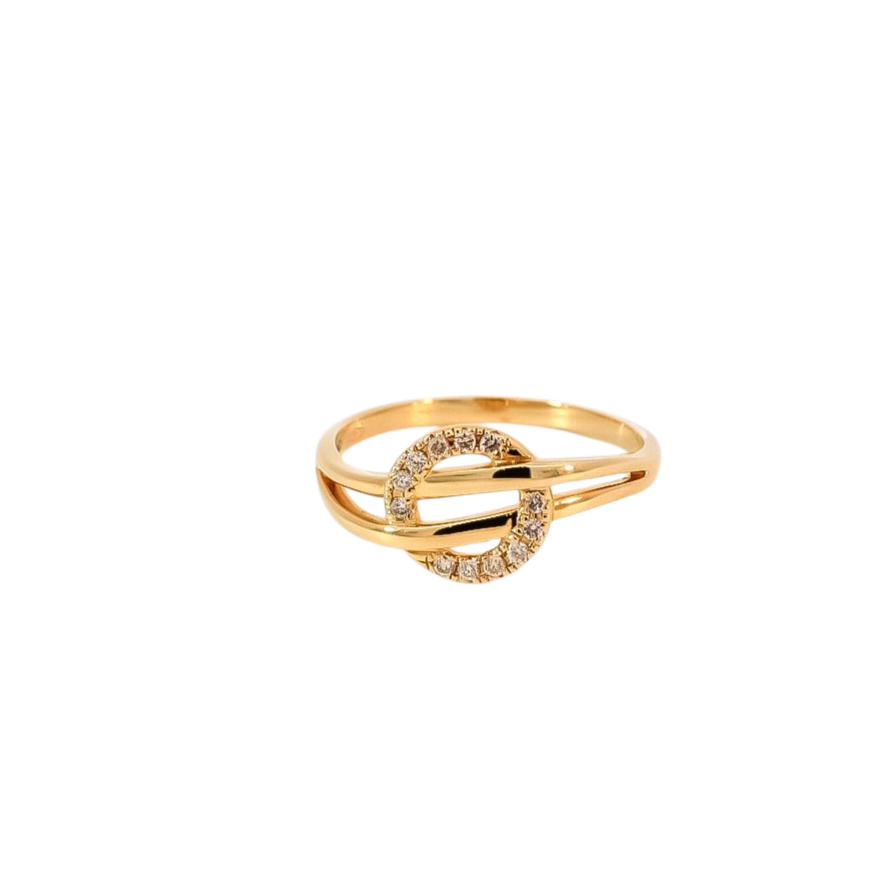 Anillo oro amarillo   diseño de dos líneas y círculo entrelazado con diamantes