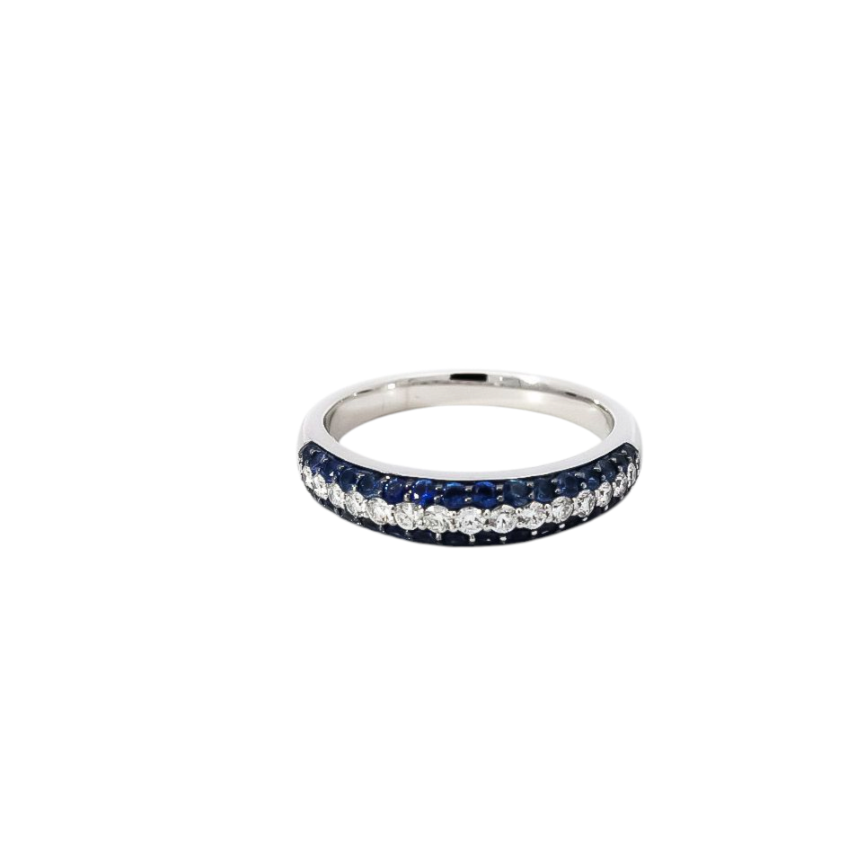 Anillo oro blanco tres filas en diamantes y zafiros