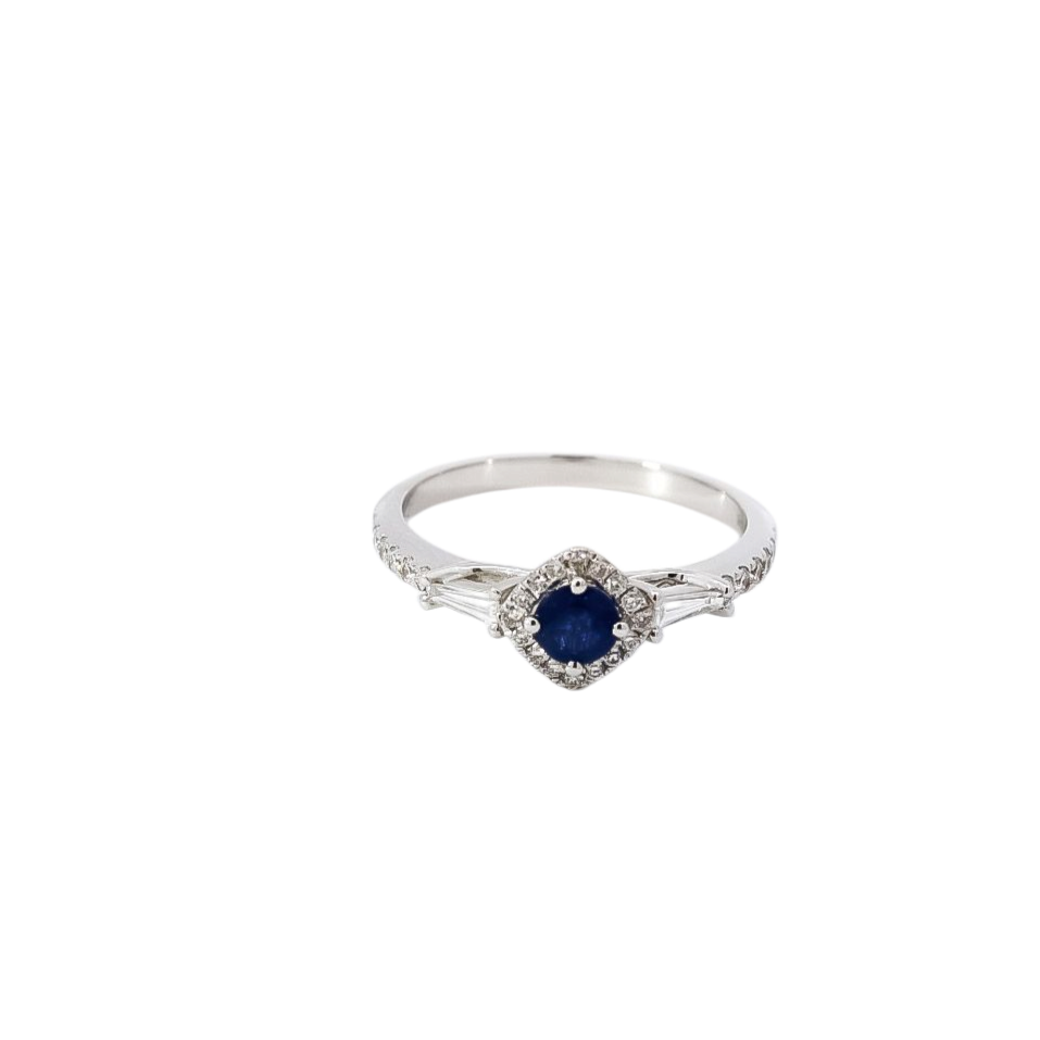 Anillo oro blanco con halo de diamante y zafiro 0.37ct corte redondo