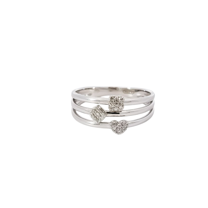 Anillo oro blanco diseño de tres líneas con figuras en diamantes