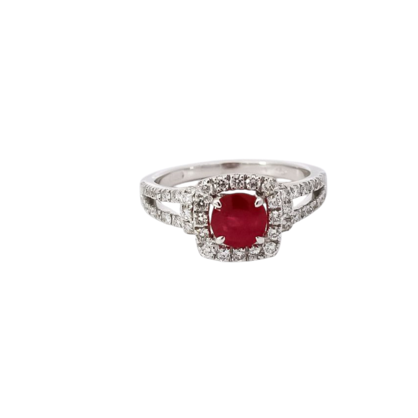 Anillo oro blanco dos líneas y halo de diamantes con rubí 1.18ct corte redondo
