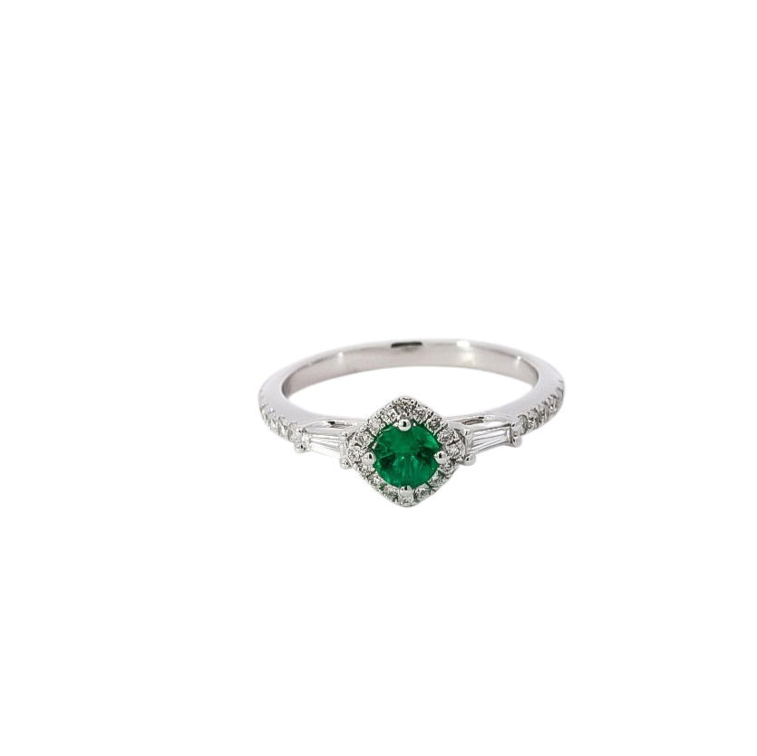 Anillo oro blanco con halo de diamantes y esmeralda 0.29ct corte redondo