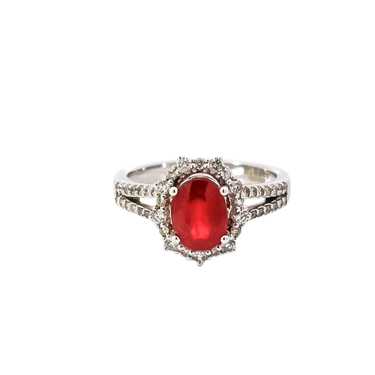 Anillo oro blanco dos líneas de diamantes con halo y rubí 1.83ct corte ovalado