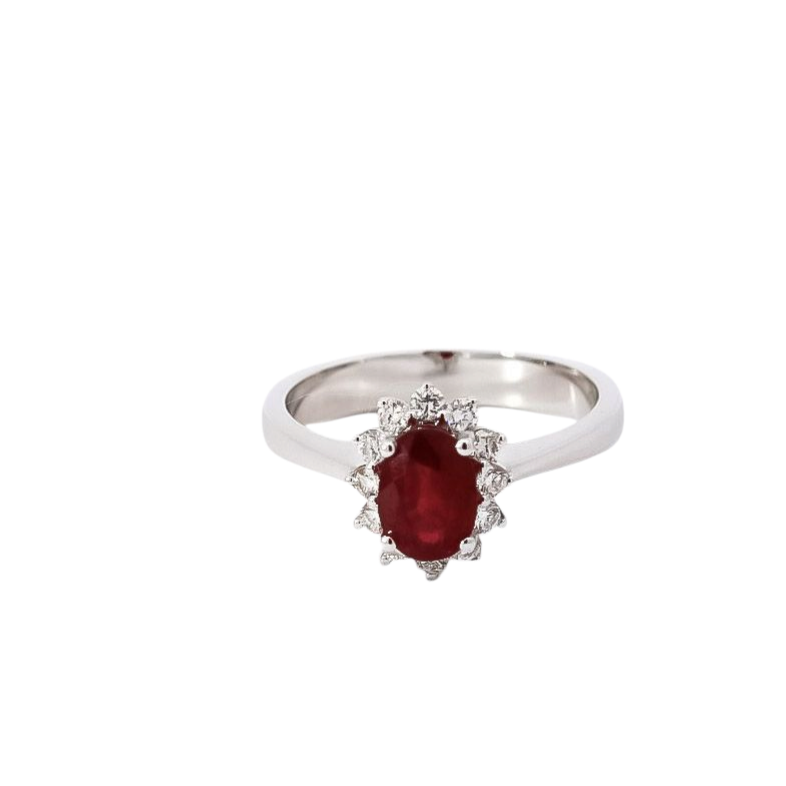 Anillo oro blanco con halo de diamantes y rubí corte ovalado 1.86ct