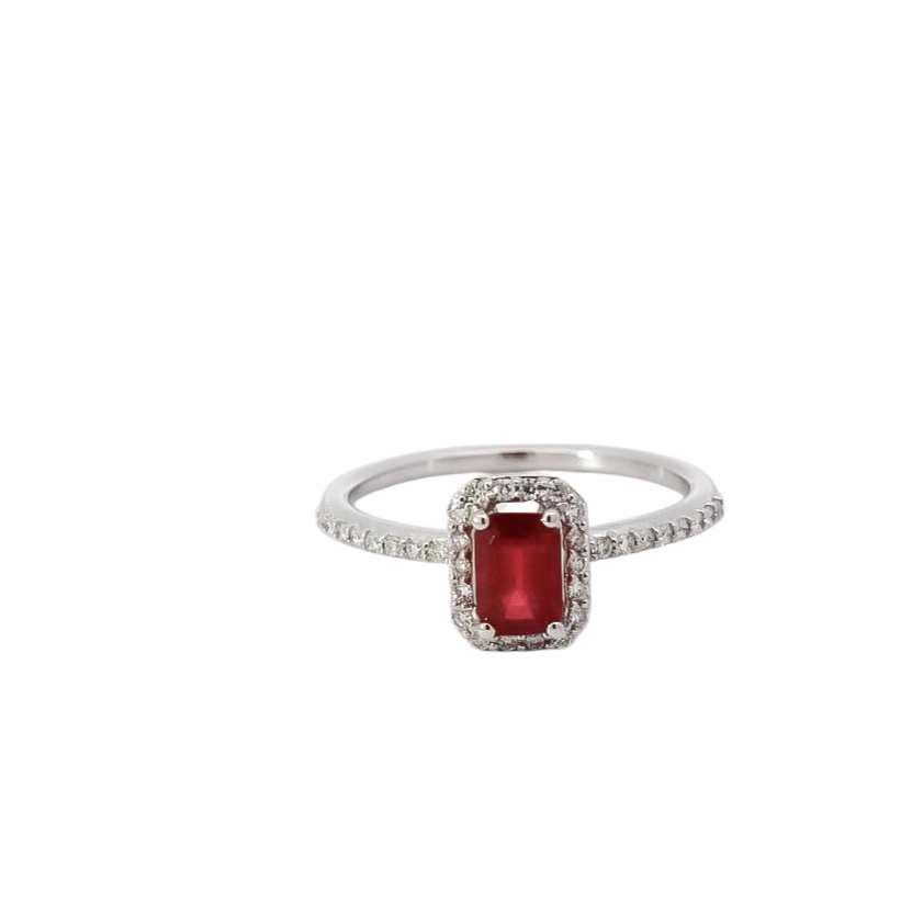 Anillo oro blanco tipo Riviera con halo en diamante y rubí 0.70ct corte esmeralda