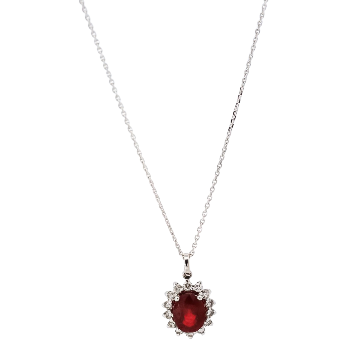 Collar oro blanco 18kt con dije de diamantes y rubi corte ovalado