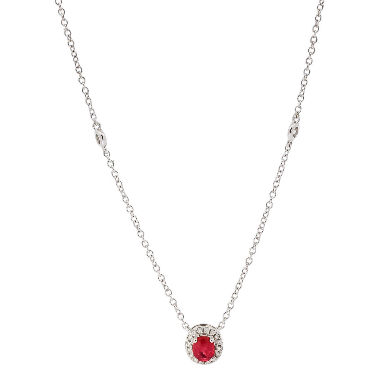 Collar oro blanco 18kt  diseño  cadena con diamantes y dije en halo de diamantes con  rubi corte redondo