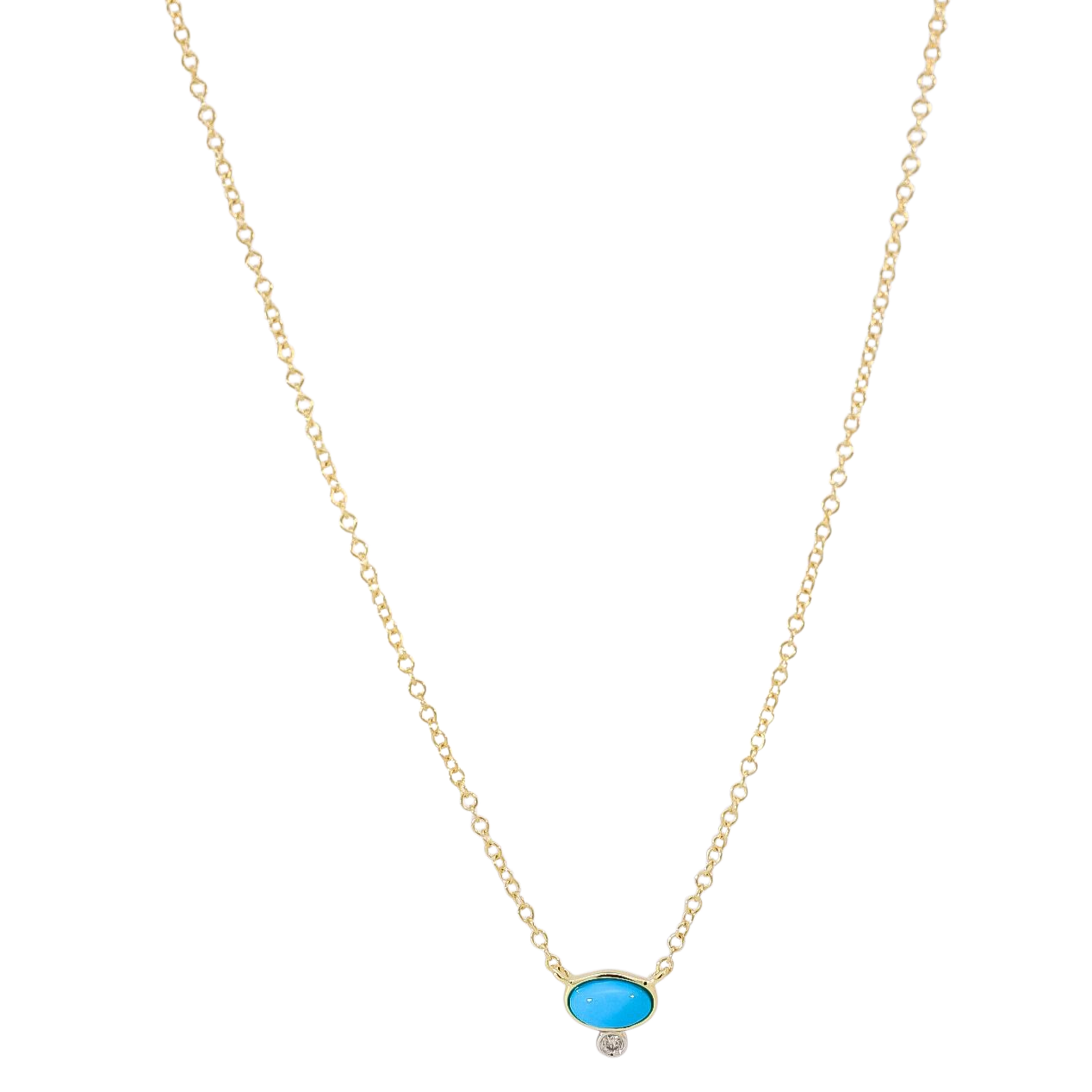 Collar oro amarillo 14kt con dije de turquesa y punto de diamantes