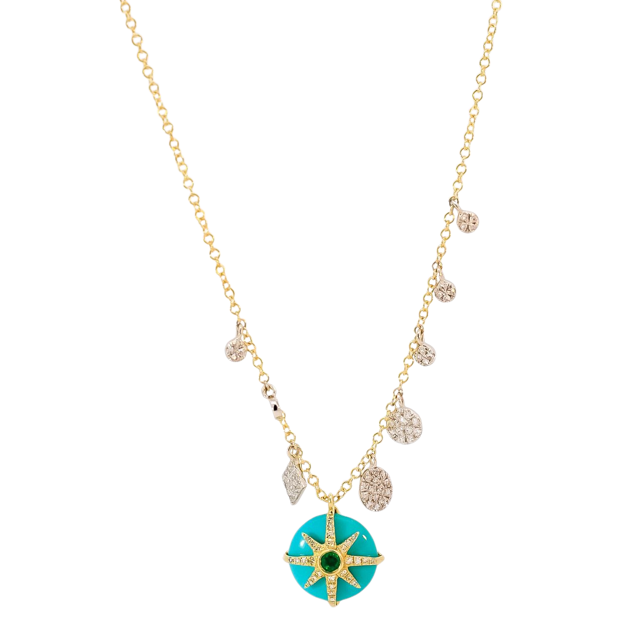 Collar oro amarillo 14kt dijes laterales en diamantes con el dije central en turquesa y diseño de estrella de diamantes ,esmeralda