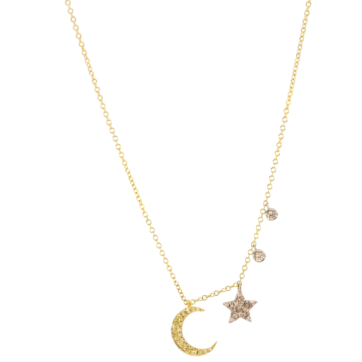 Collar oro amarillo 14kt con dijes de luna , estrella y puntos con diamantes