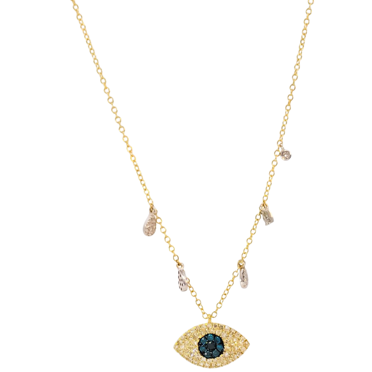 Collar oro amarillo 14kt con dijes de diamantes y ojo turco en diamantes , zafiros