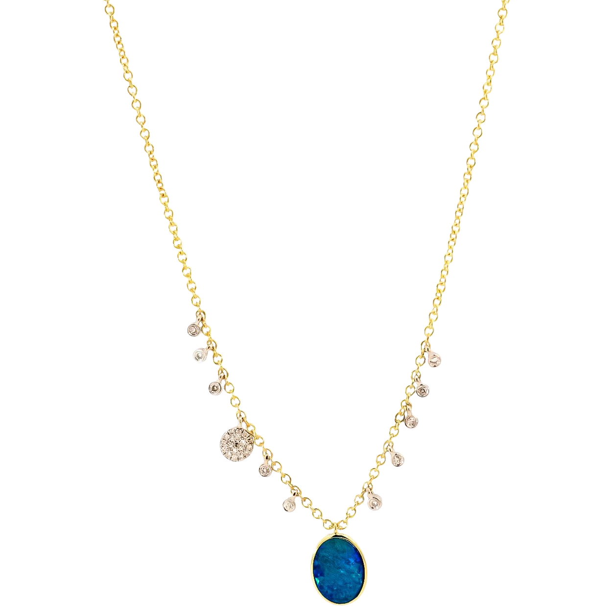 Collar oro amarillo 14kt con dijes en diamantes y opalo ovalado