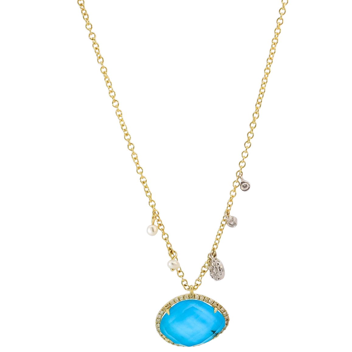 Collar oro amarillo 14kt con dijes de diamantes, perlas  y Cuarzo con halo de diamantes