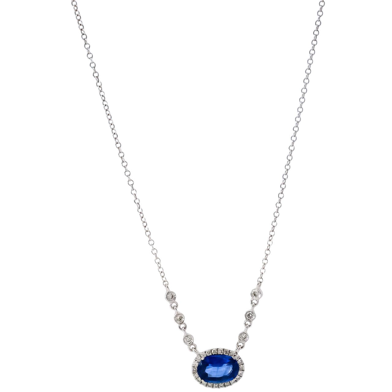Collar oro blanco 14kt con  diamantes y zafiro corte ovalado