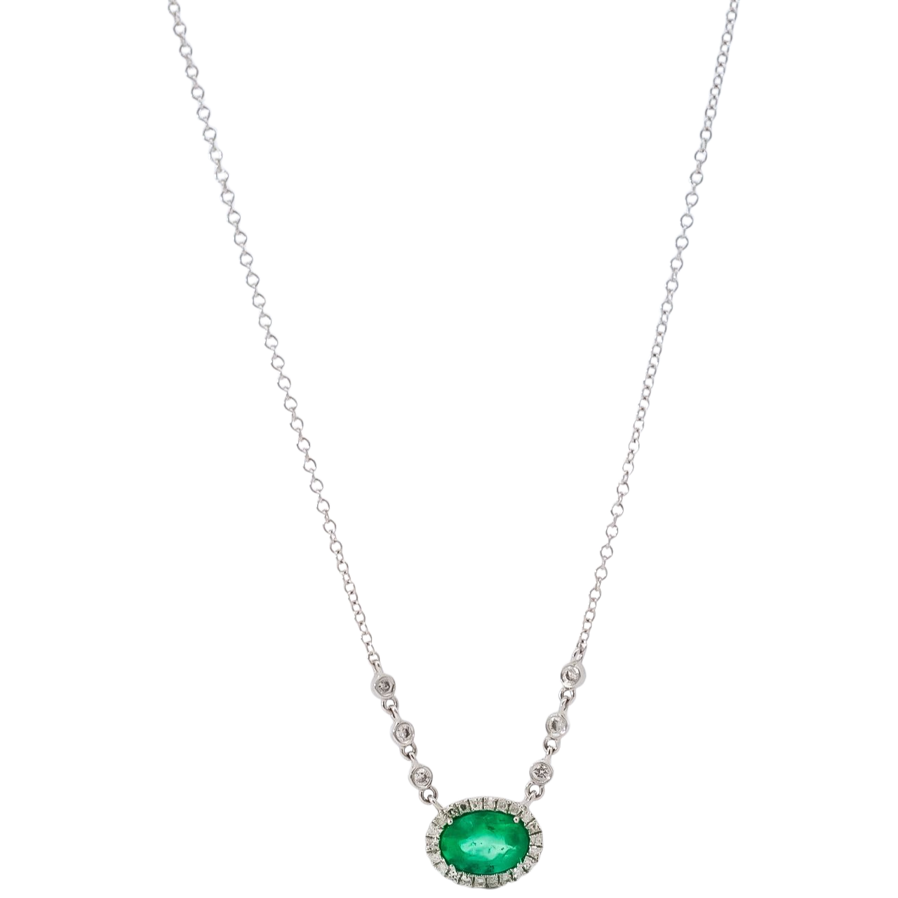 Collar oro blanco 14kt con diamantes y esmeralda corte ovalado