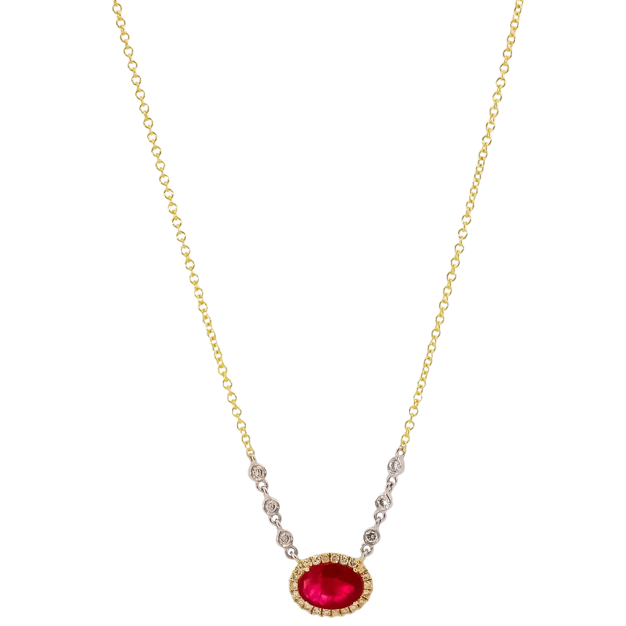 Collar oro amarillo 14kt con puntos de diamantes y rubi corte ovalado