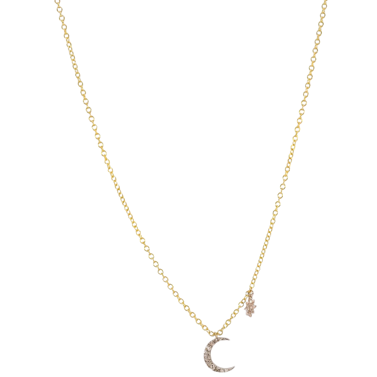 Collar oro amarillo 14kt con dijes diseño de estrella y luna en diamantes