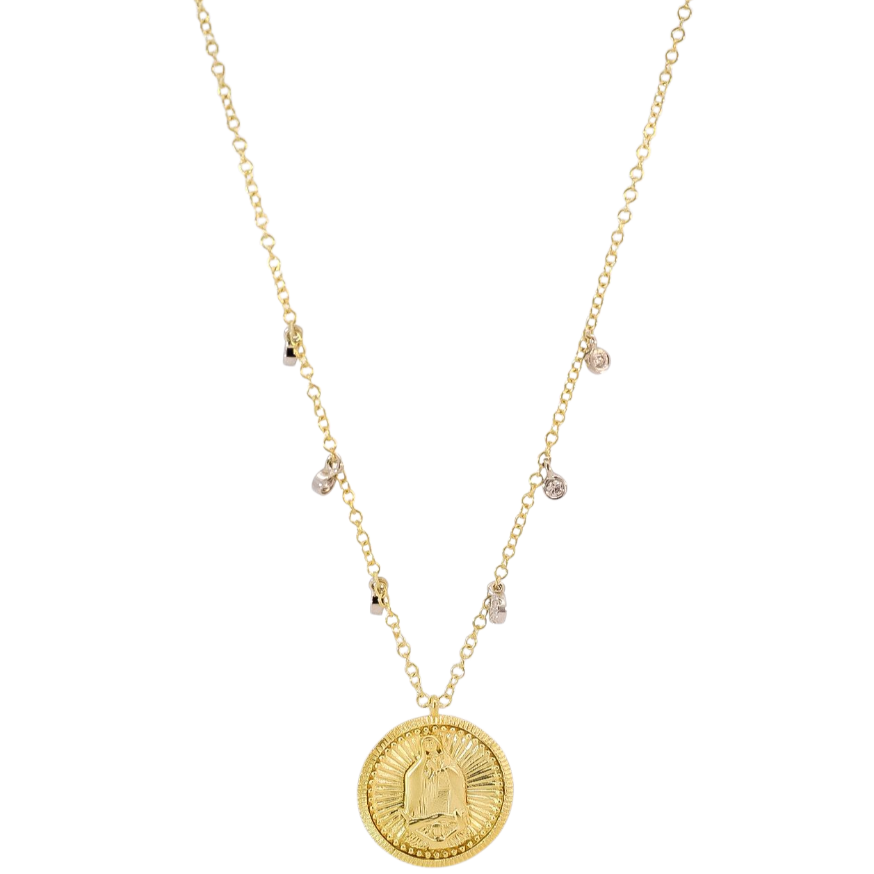 Collar oro amarillo 14kt con dije de la virgen guadalupe con puntos de diamantes