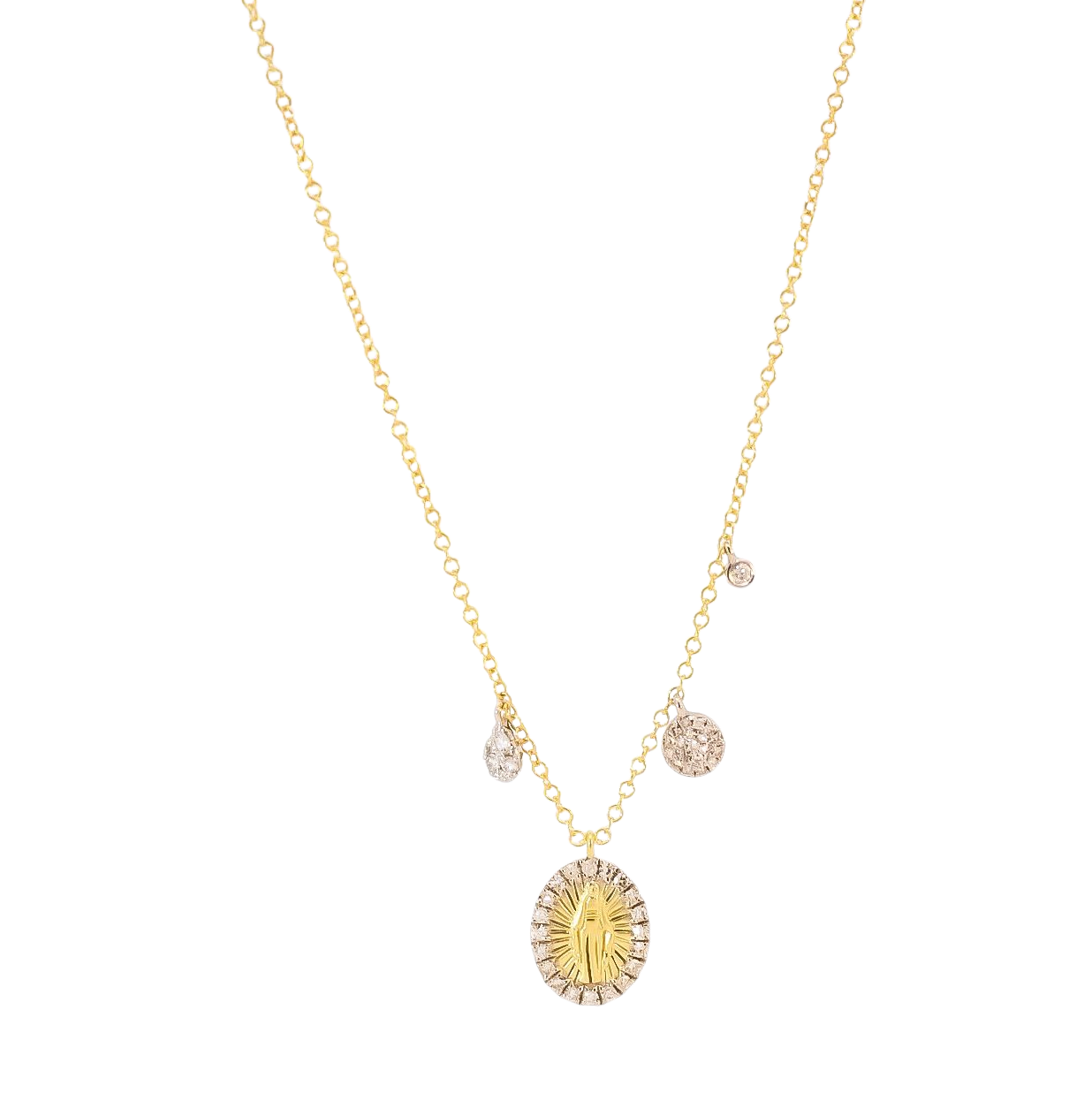 Collar oro amarillo 14kt con dije de la medalla milagrosa  con diamantes