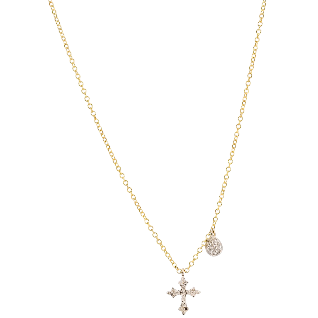 Collar oro amarillo 14kt con dijes diseño de cruz y círculo con diamantes