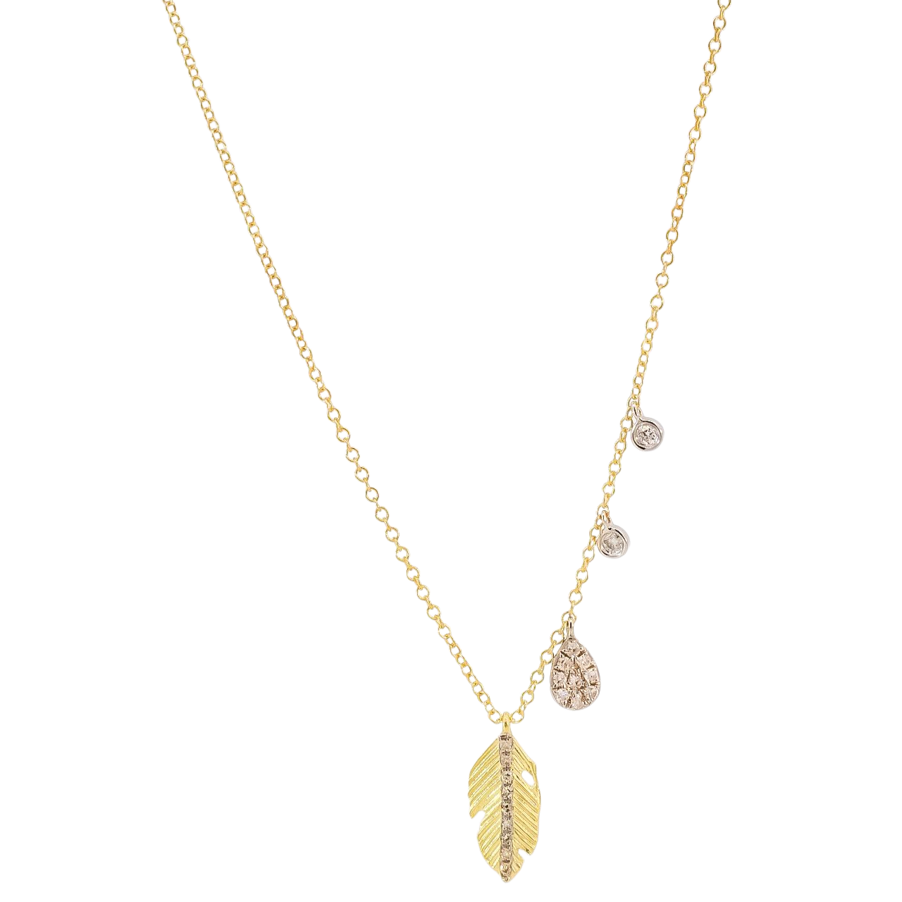 Collar oro amarillo 14kt con dije diseño de pluma con puntos de diamantes